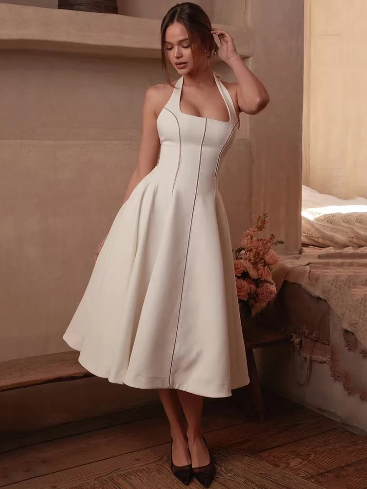 2025년 여름 패치워크 레이스, 컷아웃, 섹시한 백리스, 네크라인, 보타이, 허리를 잘록하게 잡아주는 A라인 푹신한 스커트가 돋보이는 여성 드레스