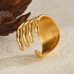 Seakissky Fashion Gold-plated Stainless Steel Opening Adjustable Hand Shape Ring Personalized Niche Jewelry Gifts For Men Women