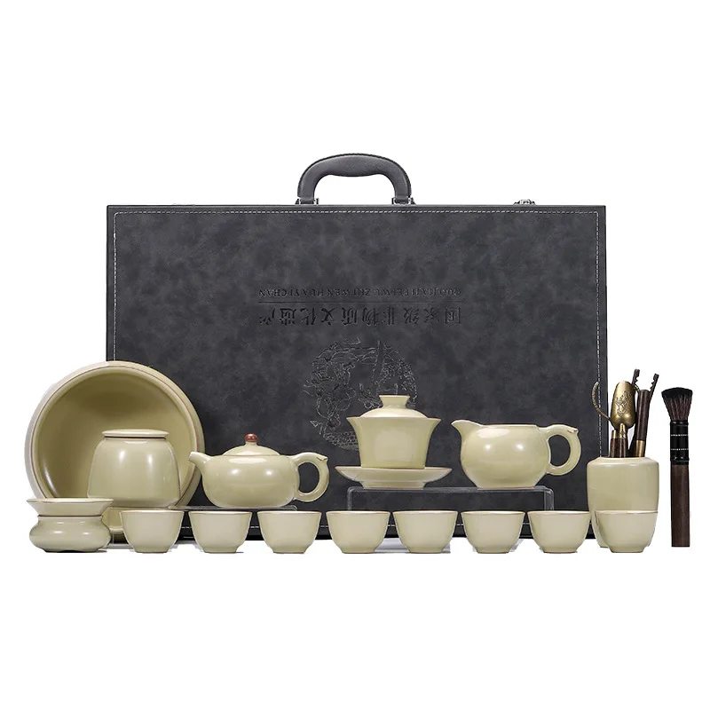 16-Piece New Ru Kiln Chinese Style Kung Fu Set High-End Light Luxury Elegant Box Suitable for Tea Ceremony and Gift Giv