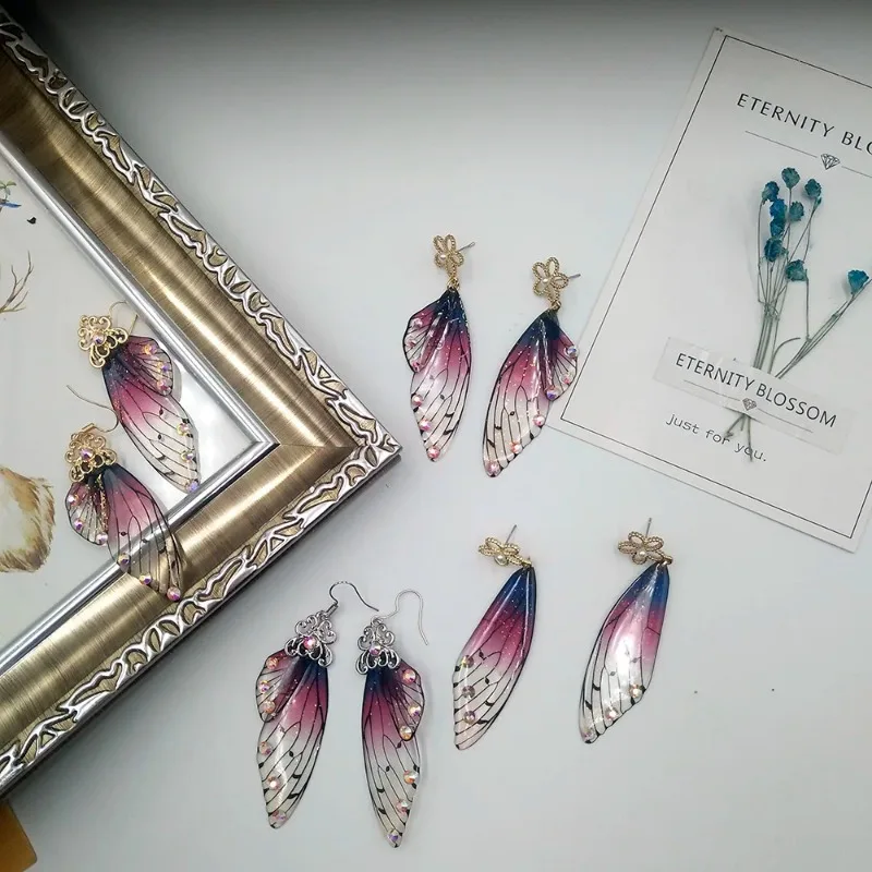 Greamy Gradient Purple Butterfly Wing Earrings Fairy Tale Glittering Bridal Drop Earrings Flower Charm Women Accessories Gifts