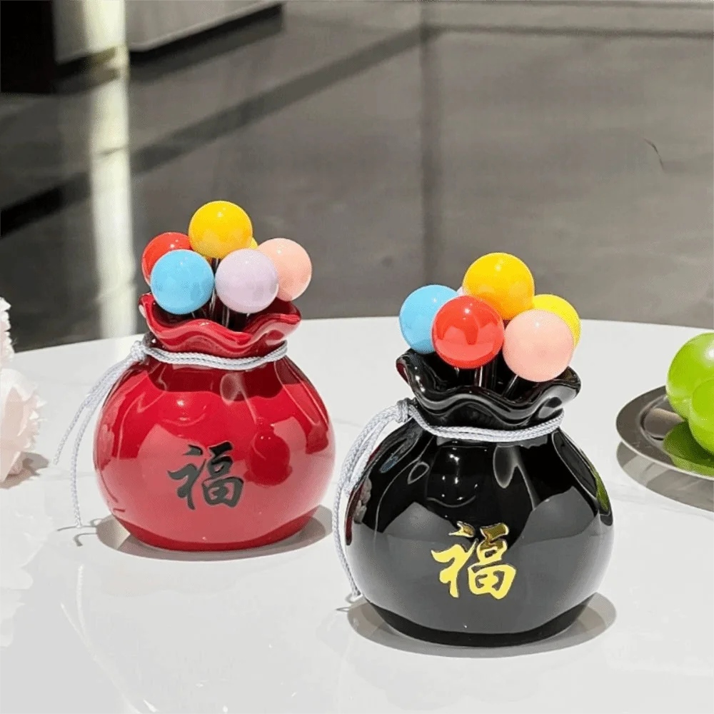 

Creative Fu Bag-shaped Fruit Fork Set Anti-scald Decorative Fu Bag-shaped Fruit Stick Reusable Comfortable Grip