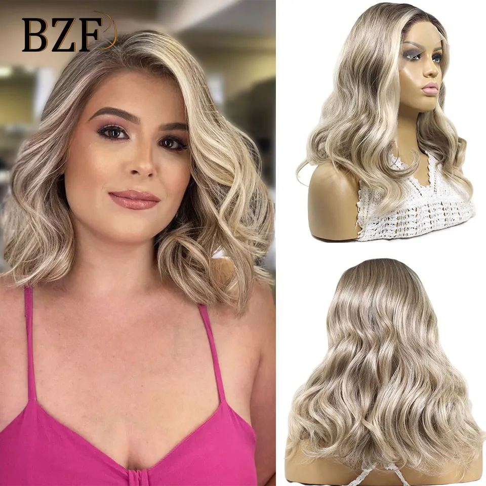 Blonde Short Wavy Highlight Synthetic Lace Front Bob Wigs For Women 13x3 Colored Loose Curly Wig Dark Roots Brown Wig Daily Use