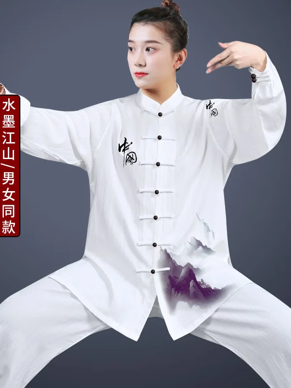 تاي جي البدلة النسائية ممارسة الملابس الرجالية أداء ارتداء زي ثمانية أقسام بروكيد Shadowboxing اللؤلؤ القنب الطباعة