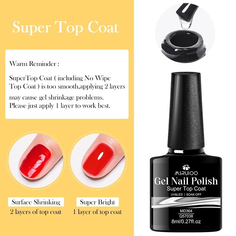 MSRUIOO 8ml 울트라 샤이니 탑 코트 젤 네일 폴리쉬 광택 지속 긴 지속력 긁힘 및 마모 방지 무닦음 HEMA/TPO 프리