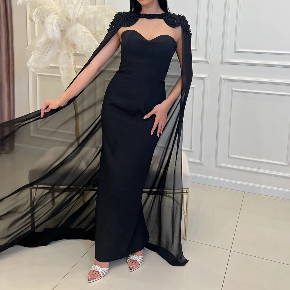 

Customized Classic Shawl Beading Pleats Sweetheart Evening Dresses Graceful Straight Black Party Gowns فساتين سهره نسائيه فخمة