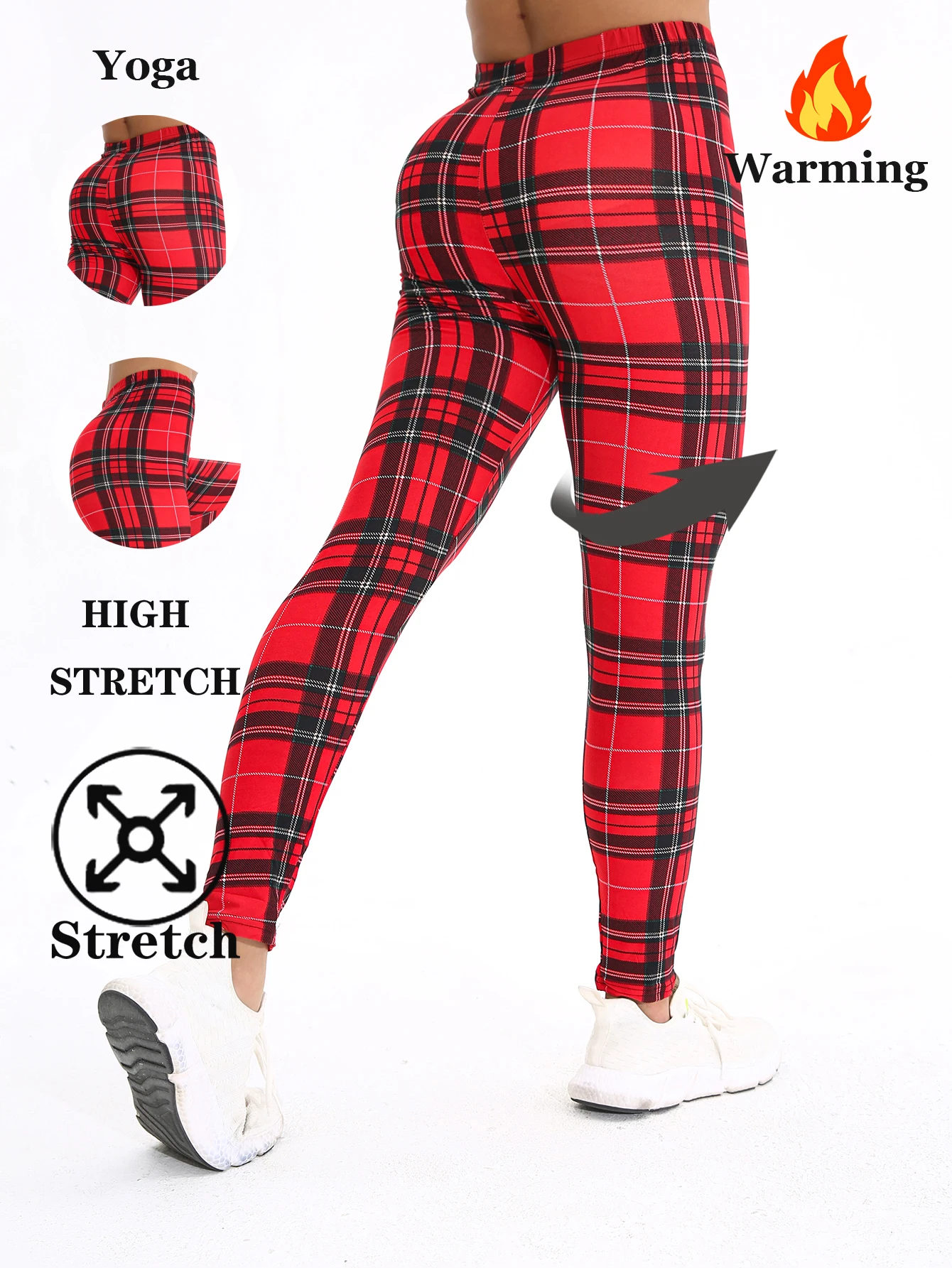 Autumn Winter 1PACK Women's Red Checkered Plush Thick Sexy Tight Legging Casual Sports Elegant Fitness Yoga Pants