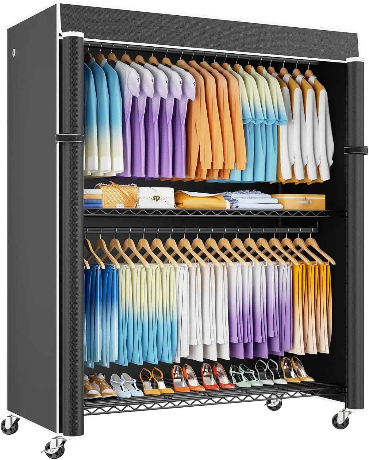 

Прочная передвижная вешалка для одежды с блокирующимися колесами, 51,2 дюйма (Ш) x 80,5 дюйма (В), выдерживает до 700 фунтов, черный дизайн