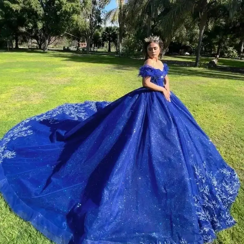 

Customized Sparkly Royal Blue Vestidos De 15 Quinceañera Sequined Appliques Off The Shoulder Ball Gown Vestidos De 15 Anos