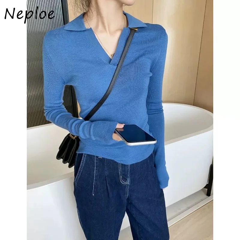 Neploe Turn Down Collar Solid Color Long Sleeve Knitted Design Sense Pull Femme Pullover Korean Trendy All-match Sweater Y2K