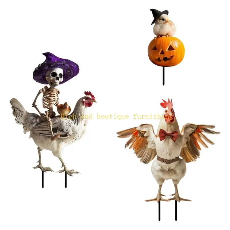 

L9NB 3Pcs Iron Halloween Garden Decorations Durable Rustproof Chicken Stakes Easy Install Outdoor Party Landscape Ornament