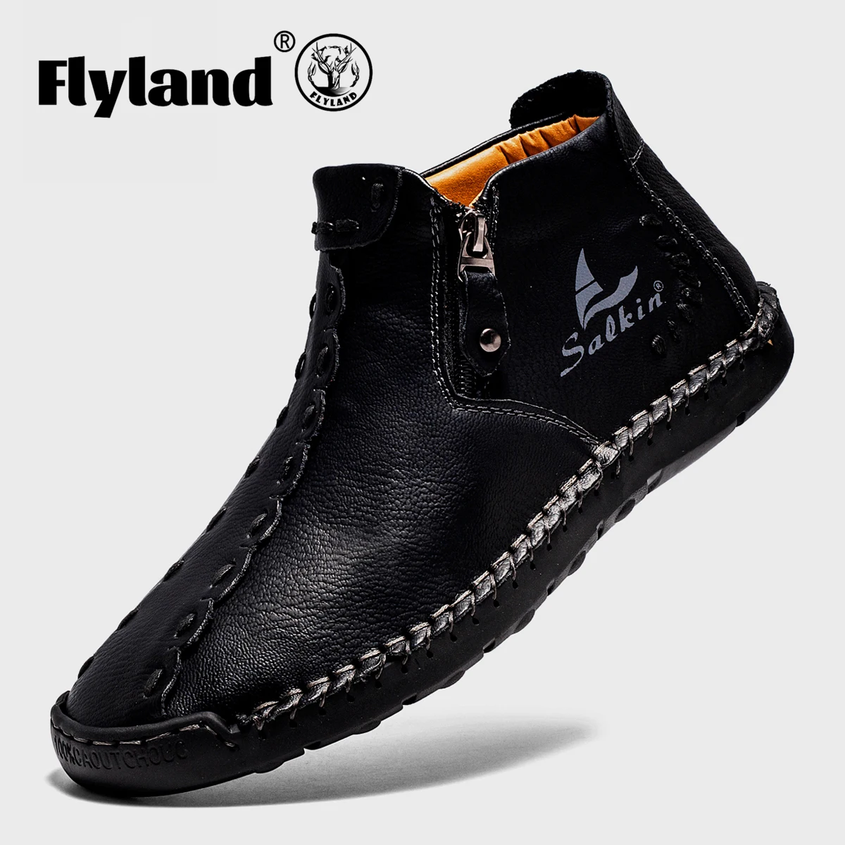 FLYLAND-Botines informales para hombre, botas Vintage con costuras a mano, suaves, para conducir y caminar