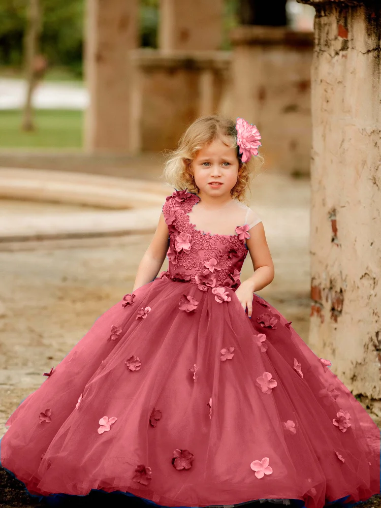 Dark Blue Flower Girl Dresses Tulle Puffy Appliques 3D Flowers Sleeveless For Wedding Birthday Party Banquet Princess Gowns