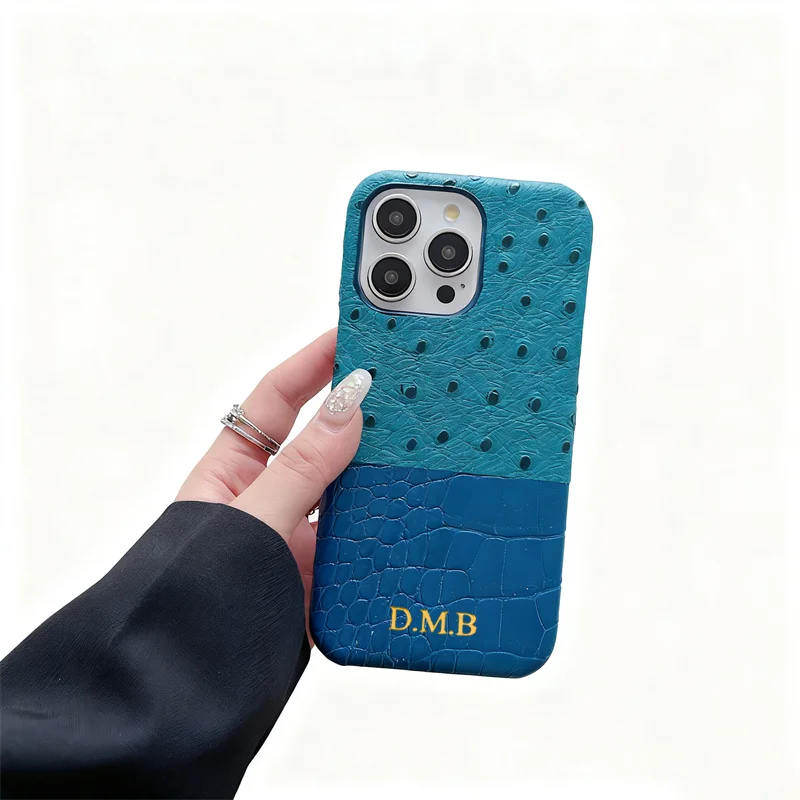 Personalizowane etui ze skóry ekologicznej PU z inicjałem, w kolorze złotym lub srebrnym, z motywem strusia lub krokodyla, do iPhone 14, 13, 16, 17, 18 Pro Max, 14, 15 Plus – luksusowe etui ze skóry. — zdjęcie produktu 3