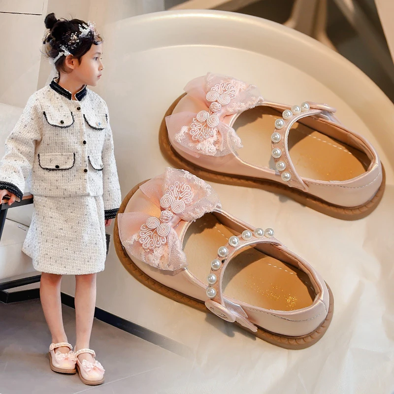 Mädchen Prinzessin Schuhe 2024 Frühling Herbst neue Schleife Kinder rutsch feste weiche Sohlen Perlen Pu Leder Loafer Größe 23-34