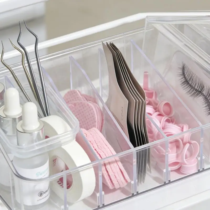 

Modular Acrylic Makeup Organizer, Adjustable Dividers for Eyelashes & Cosmetics, Clear Desktop Storage Case with Lid