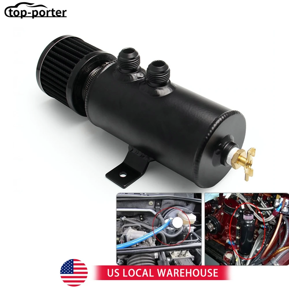 

Universal Racing Baffled Oil Catch Can 2-Port Reservoir with Drain Valve Breather Cylinder Filter Braided tubing Kit Aluminum