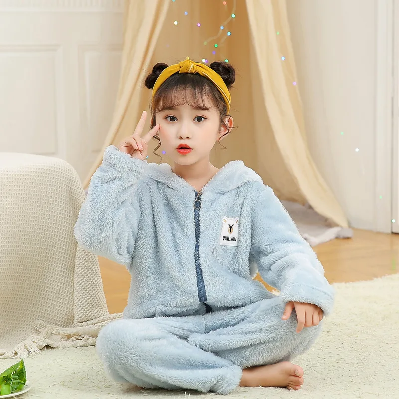 New 2022 Kids Boys Girls Autumn Winter Warm Cashmere Pajama Sets Hooded Long Sleeve Lapel Tops with Pants Sleeping Clothing Sets