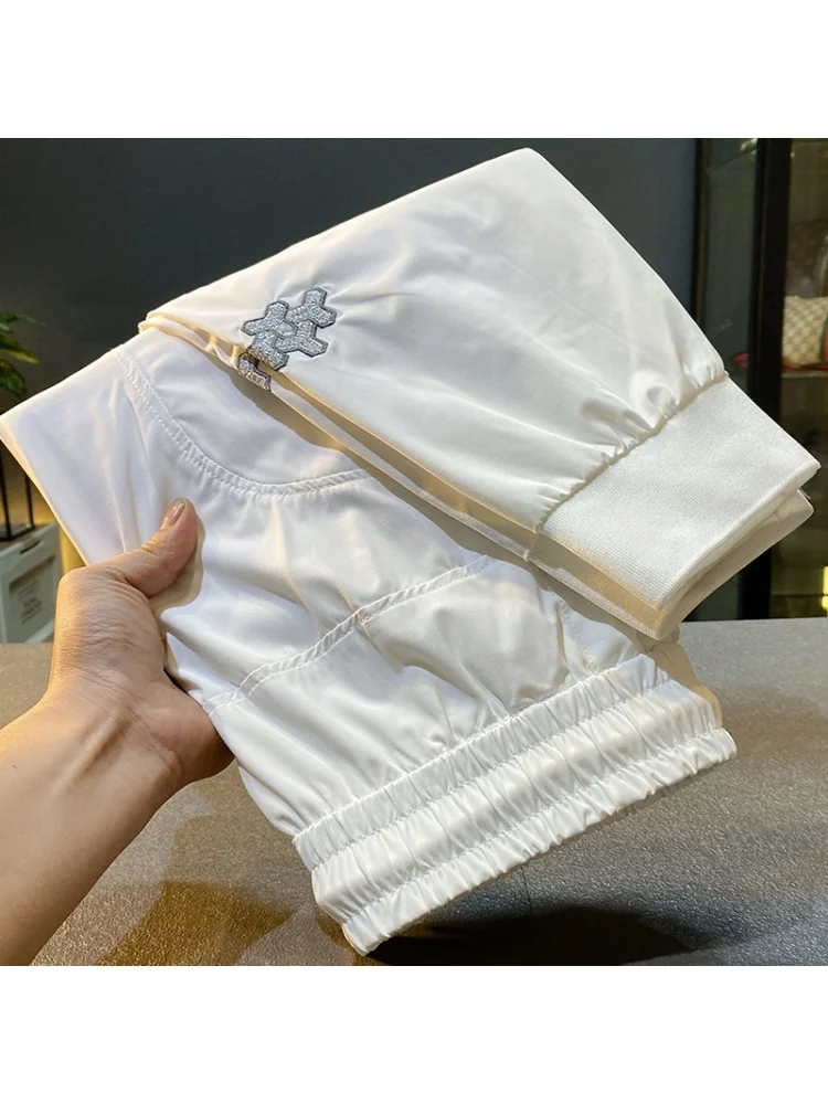 Summer Thin and Soft Breathable Casual Pants Men White Ankle-Tied Fashion Brand Slim Fit Sports Cropped Quick-Drying Pants