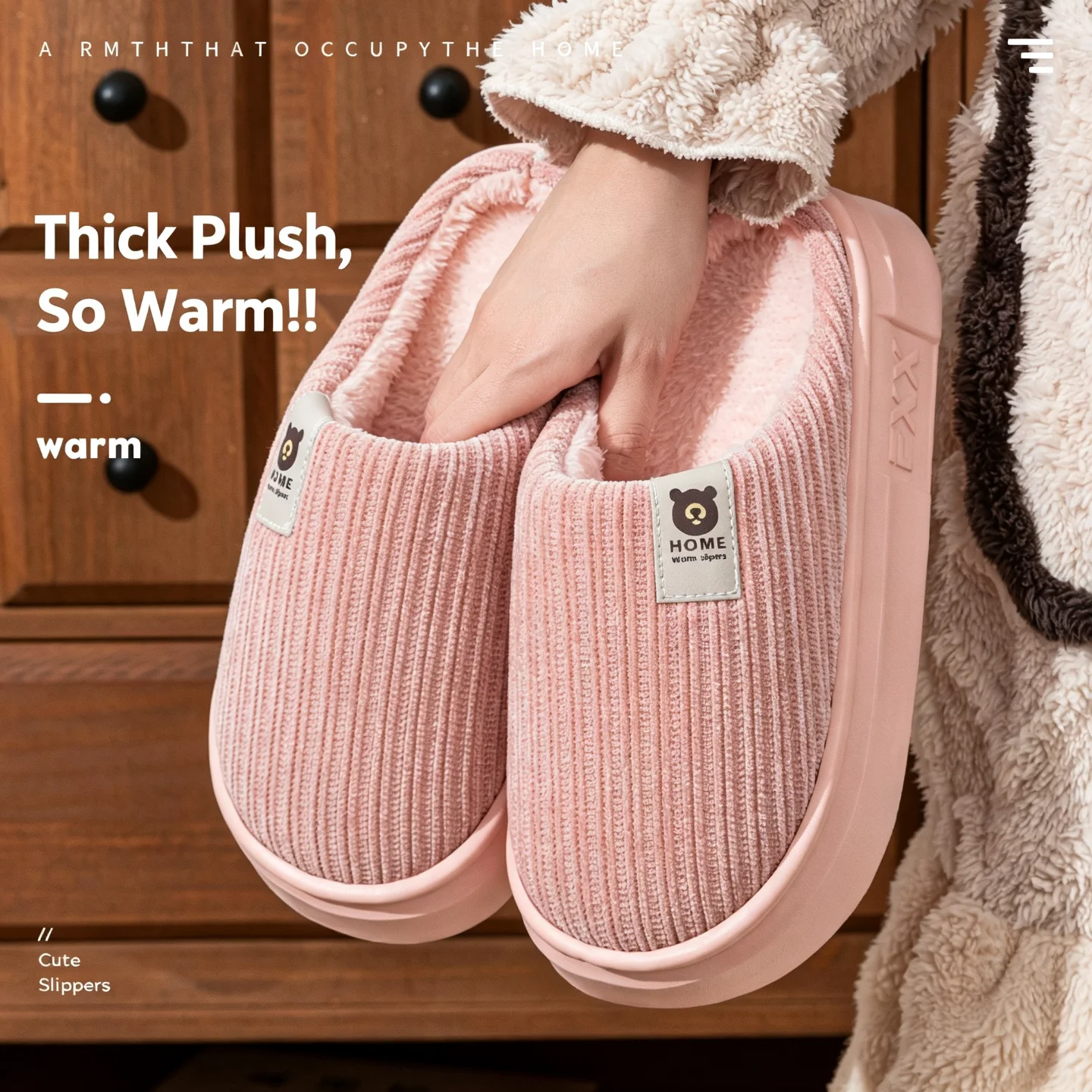 Winter Warm Plush Slippers Women Men Striped Corduroy Thick EVA Sole House Shoes Anti-Slip Indoor Outdoor Bedroom Cotton Mules