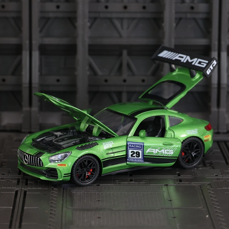 1:32 Mercedes-Benz AMG GT-R track version alloy car model gifts acousto-optic pull-back toy door and hood trunk can be opened