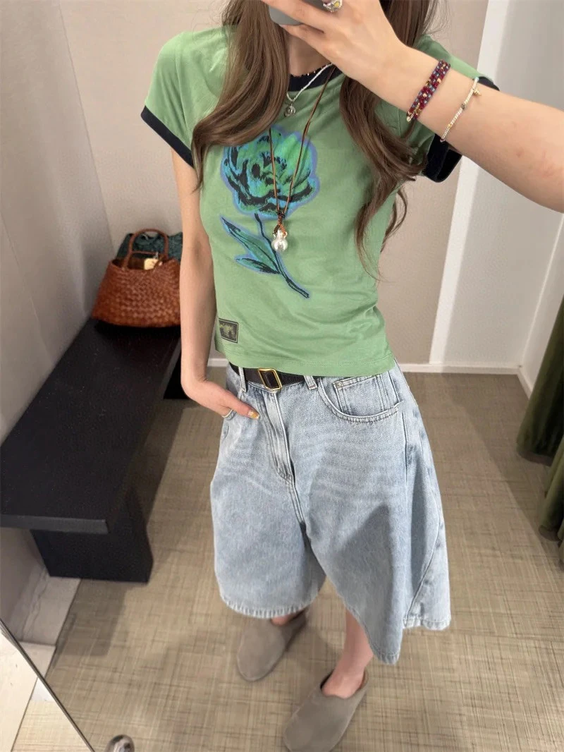 

Summer New Sle Women's Slim Fit Cotton T-irt ort Sve round Ne Rose Print Commute Faion Pure Cotton Sweat Absorbent