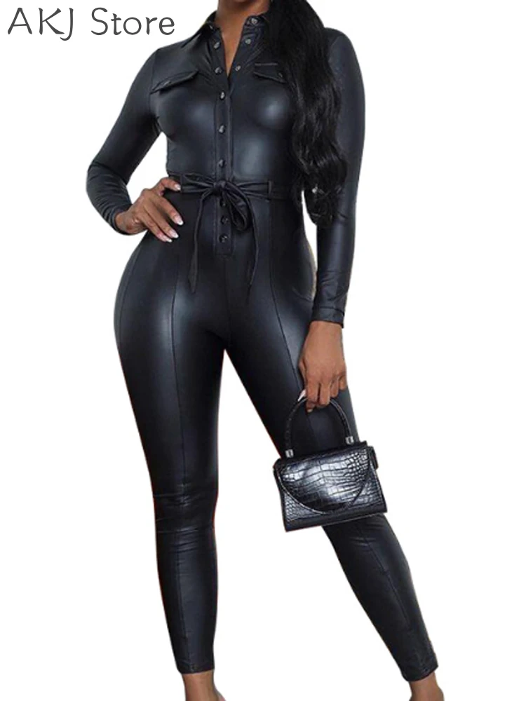 Sexy Black PU Faux Leather Jumpsuit Women Club Wear One Piece Rompers Long Sleeve Bodycon Jumpsuits