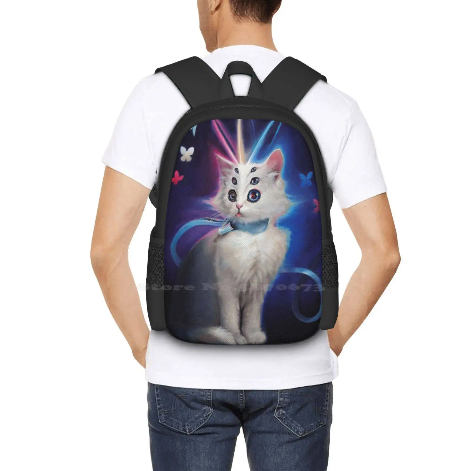 Mochila escolar con diseño de patrón de moda para ordenador portátil, bolsa de viaje para gato, gatito, Animal, mascota, blanco, surrealista