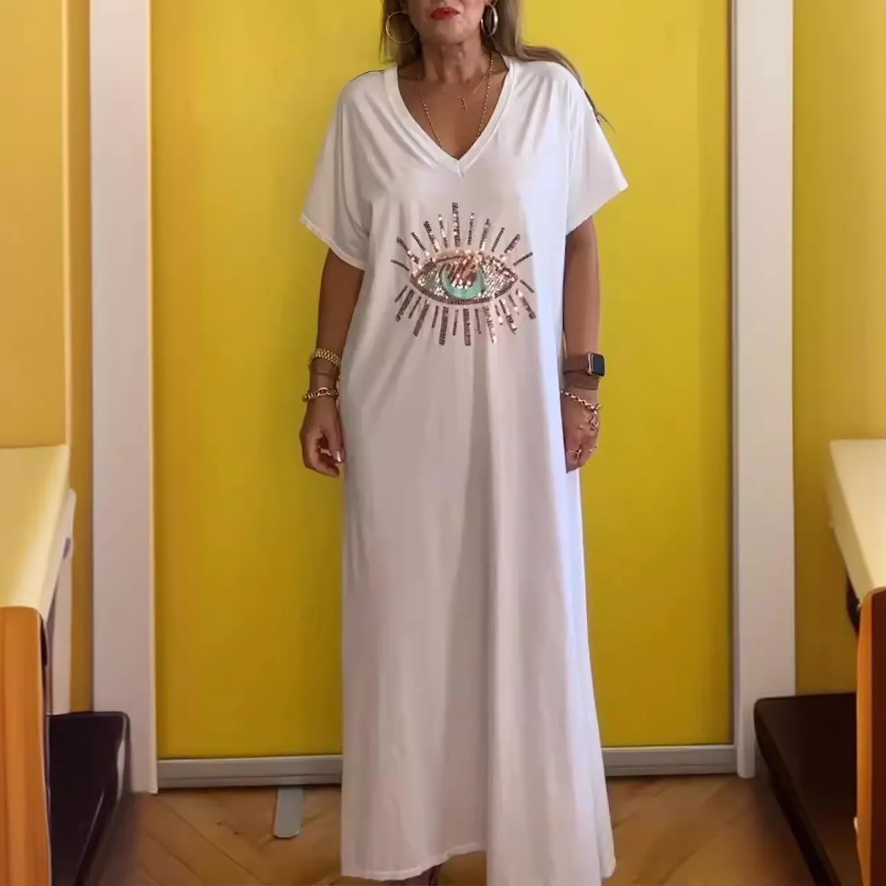 

Summer Popular Fashionable Casual Women's Dress With Eye Print Solid Color Short-sleeved Holiday Loose Large Size Long Dress