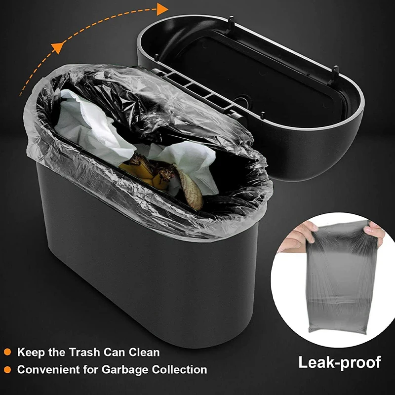 1L Car Interior Storage Box Trash Can with 4 Rolls (60pcs) Trash Bags ABS Mini Trash Can with Lid with Trash Bag Car Storage Bin