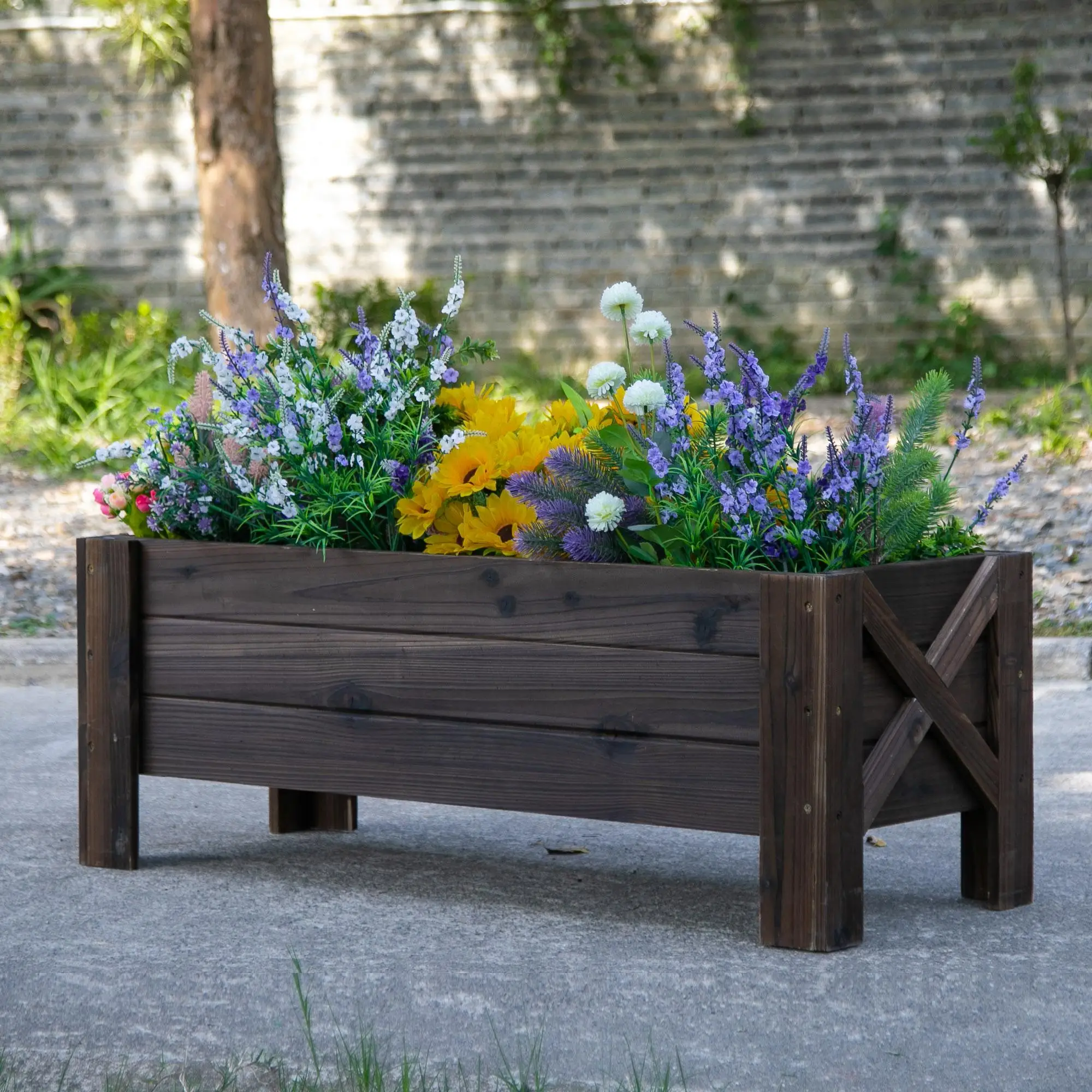 Lit surélevé en bois 100x36,5x36 cm avec carbonisation et 2 trois clous pour jardin, balcon, terrasse Marron