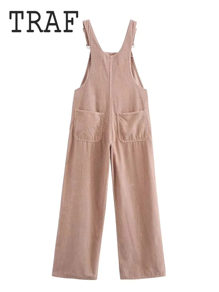 TRAF Autumn Rompers Pink Wide Leg Playsuits Women Casual Straps Suspender Overalls Vintage Corduroy Jumpsuits Overszie 2024