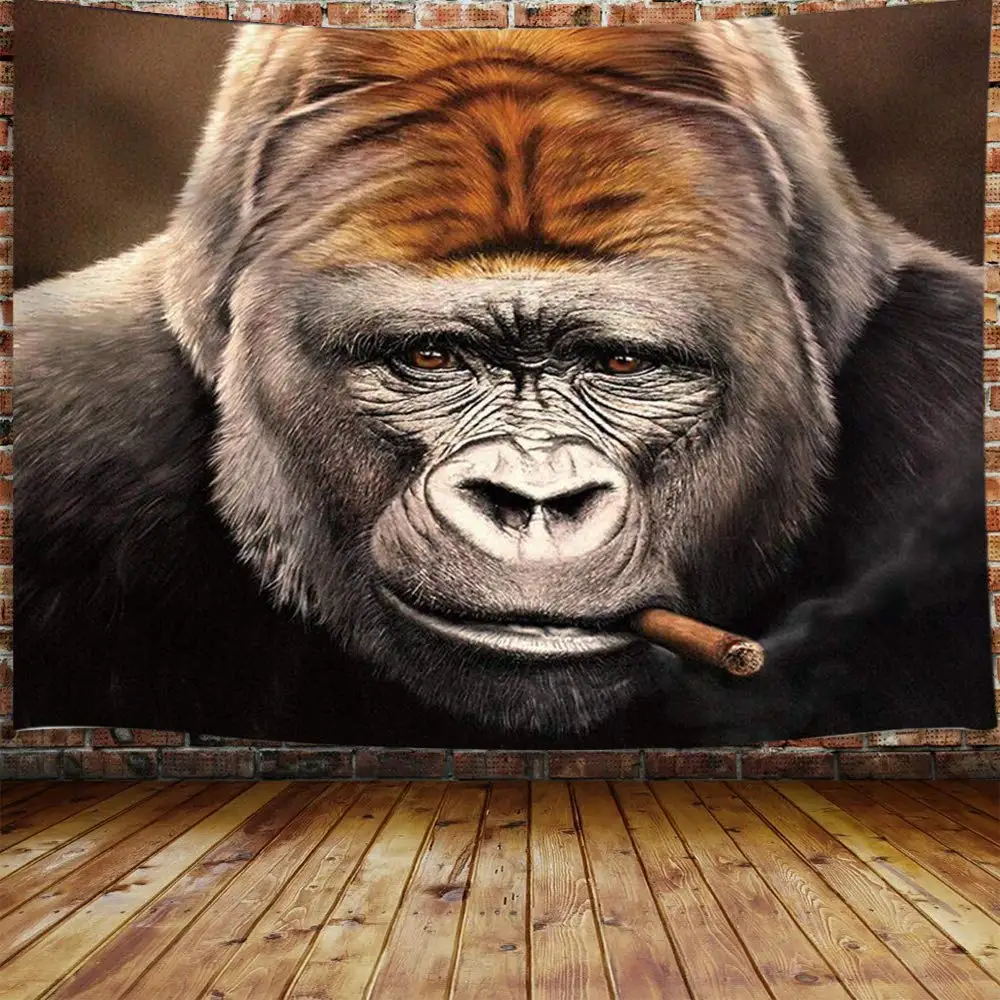 Funny Animals Tapestry Hippie Cool Gorilla Smoking Cigar Tapestry Wall Hanging Bedroom Wild Animal Orangutan Tapestry Home Decor