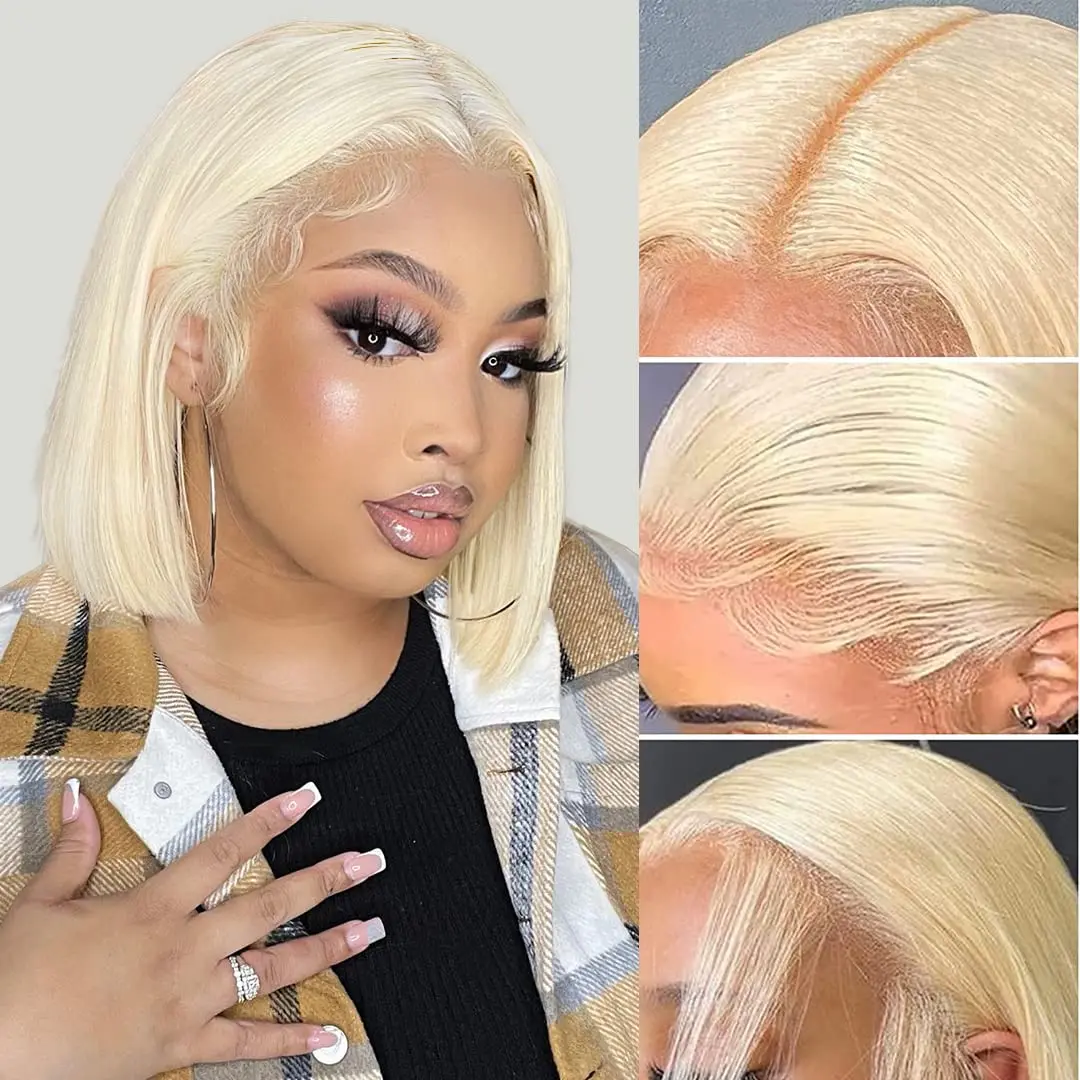 Blond Bob peruka ludzkie włosy 613 koronkowa peruka na przód ludzkich włosów 200% gęstość 13x4 HD peruki typu Lace Front ludzkich włosów wstępnie oskubane bezklejowe