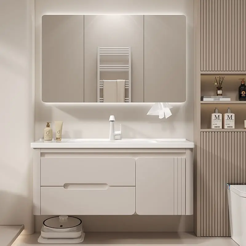 Cream wind oak paint ceramic integrated basin bathroom cabinet combination rounded corner toilet wash basin modern