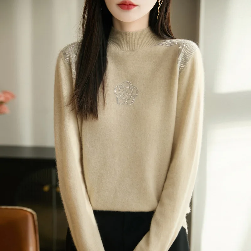 Women Sweater Autumn Winter Beading Long Sleeve Knitted Pullovers Mock Neck Warm Bottoming Shirts Loose Korean Fashion Jumpers