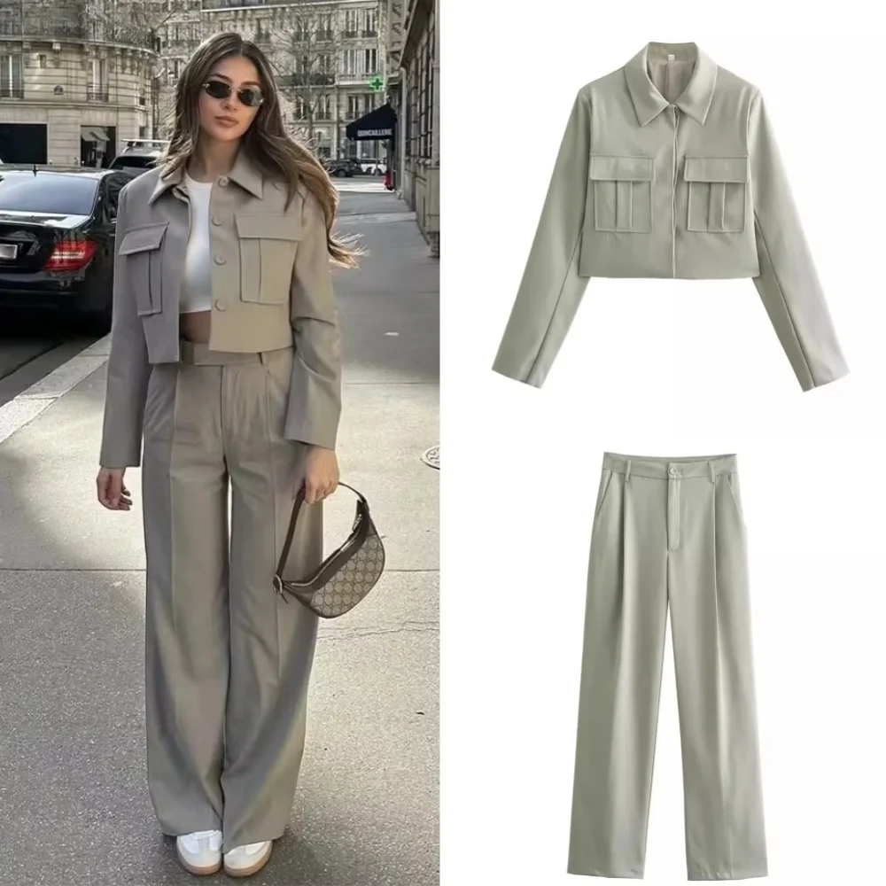 2024 Autumn Casual Women Solid Suits Fashion Streetwear Pockets Turn-down Collar Short Jackets+Chic Wide Leg Pants