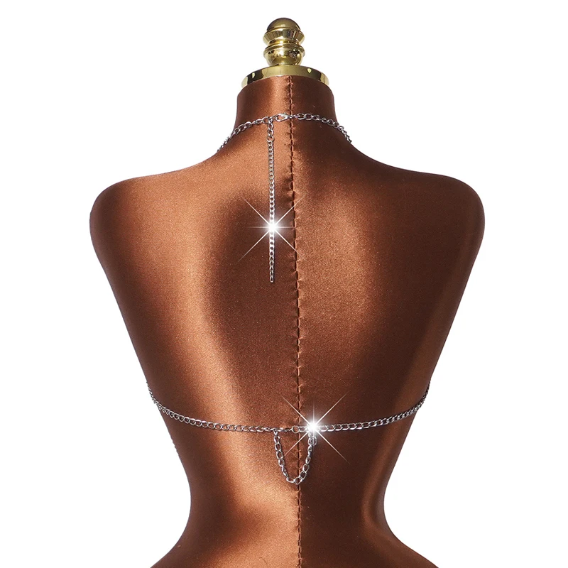 Hochwertiges Damen Y2K Mehrschichtiges Metall-Halfter-Bodychain-Crop-Top in Silber, Sexy für Halloween, Festival, Nachtclub, Party Ropa+Mujer – Detail 6