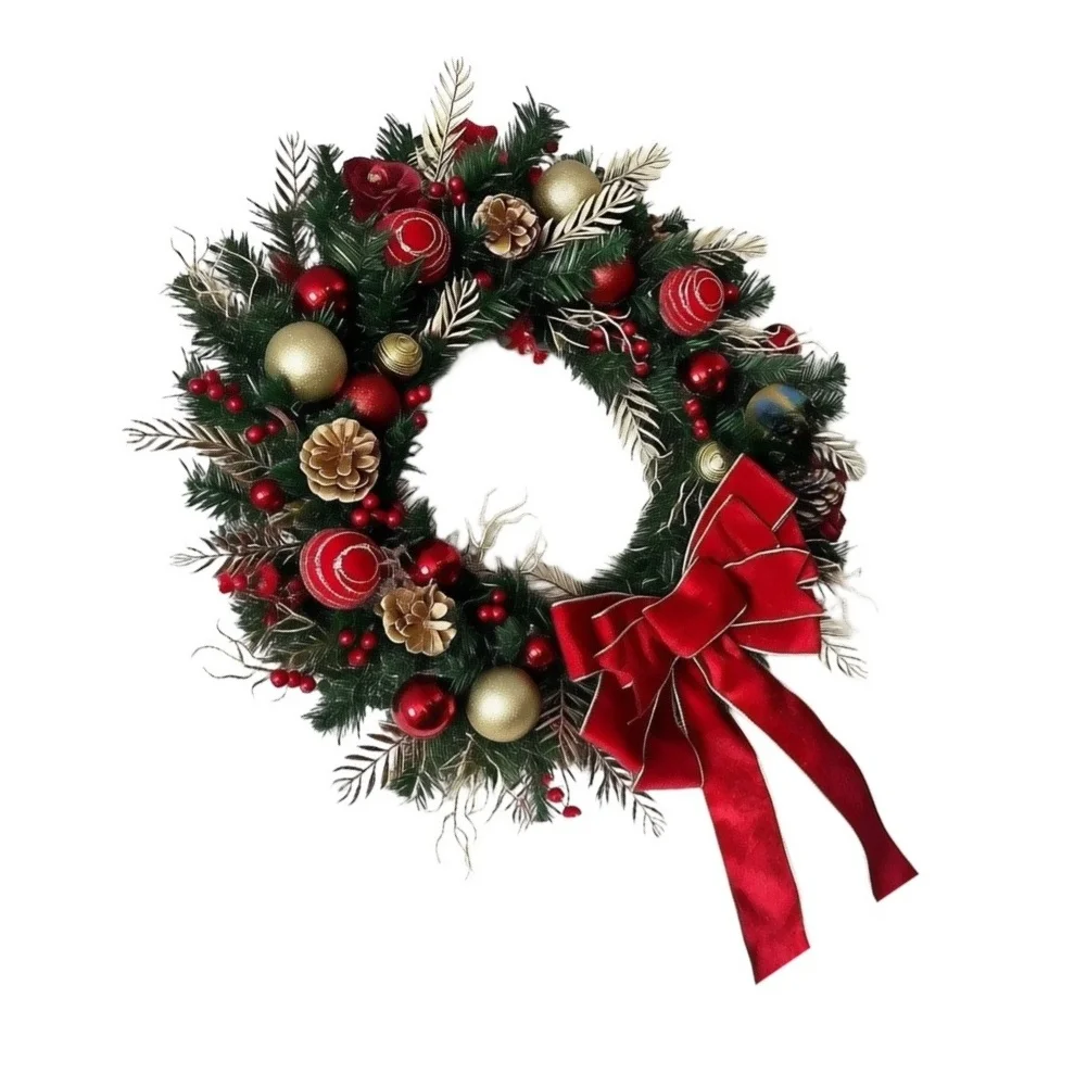 Seasonal Round Hanging Decor 45cm with Realistic Pine Foliage Red Bow and Gold Brown Metallic Ornament Accents