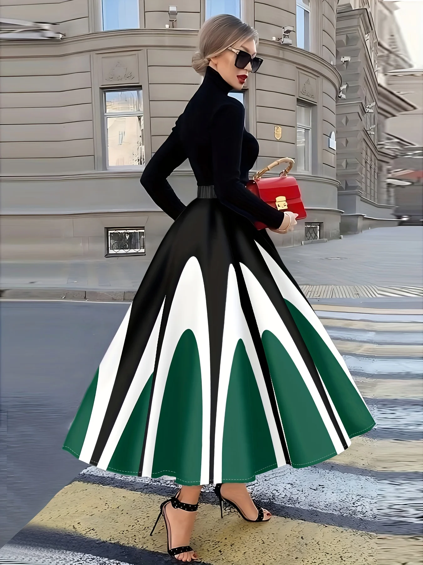 

Юбка в курортном стиле для ношения в любое время года, с черно-белым и зеленым полосатым принтом.