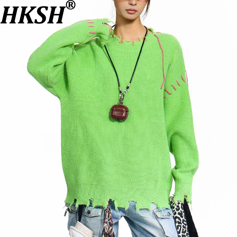 

HKSH осень-зима новый женский свитер пуловер с круглым вырезом потертый цветной блок универсальная уличная одежда в стиле ретро вязаный топ HK14710
