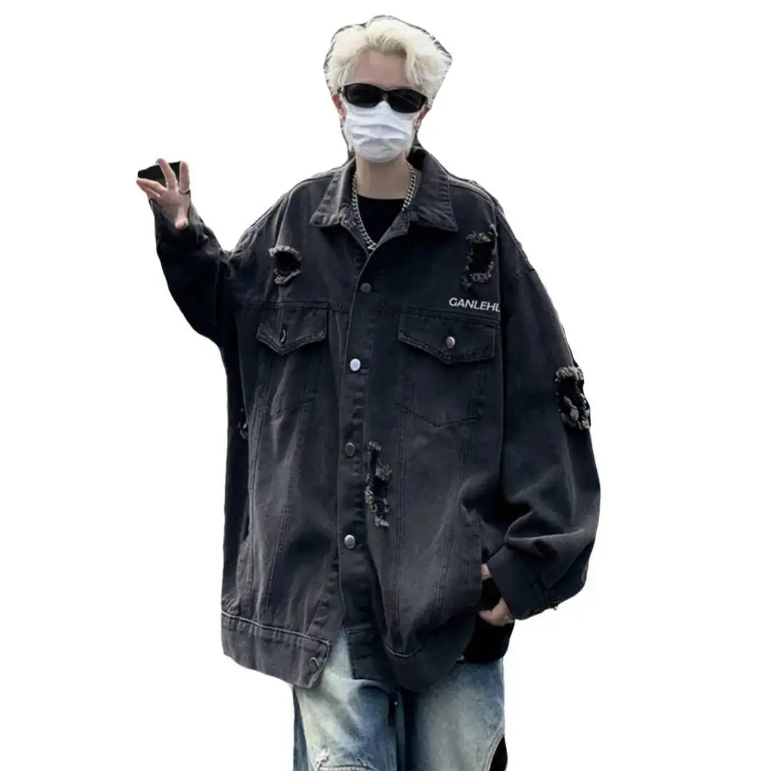 Men's Distressed Denim Jacket Spring Autumn Vintage Loose Denim Coat Streetwear Fashionable Worn Cool Cargo Coat