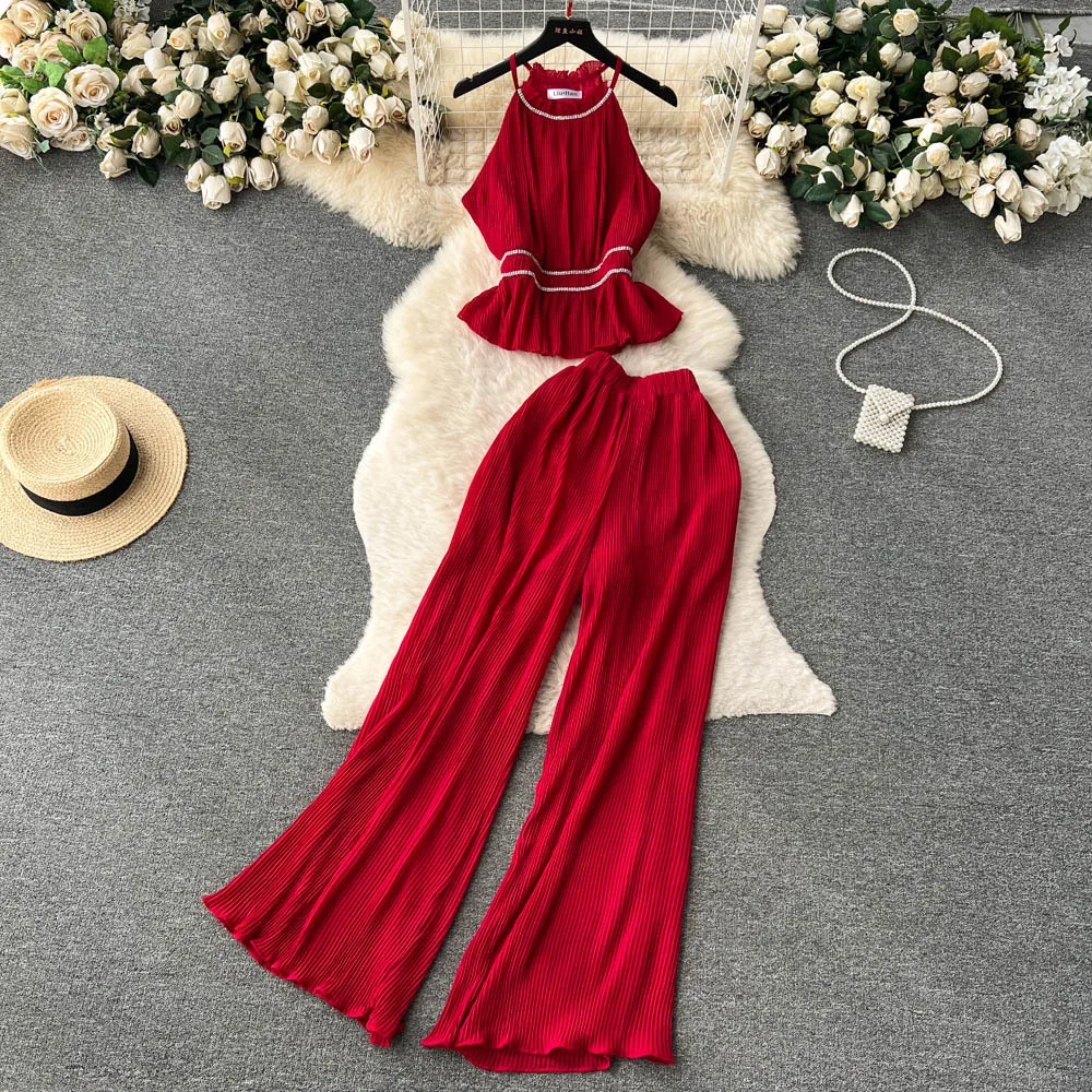 Summer Women Pleated Pajamas Two Piece Set Sexy Halter Sleeveless Draped Tops + High Waist Wide Leg Pants Lounge Suit Sleepwear