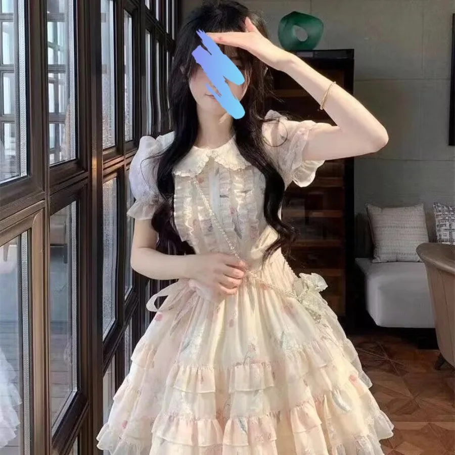 

【New style】Doll neck, sweet, cute, fresh dress, summer junior high school student, Lolita, floral princess dress