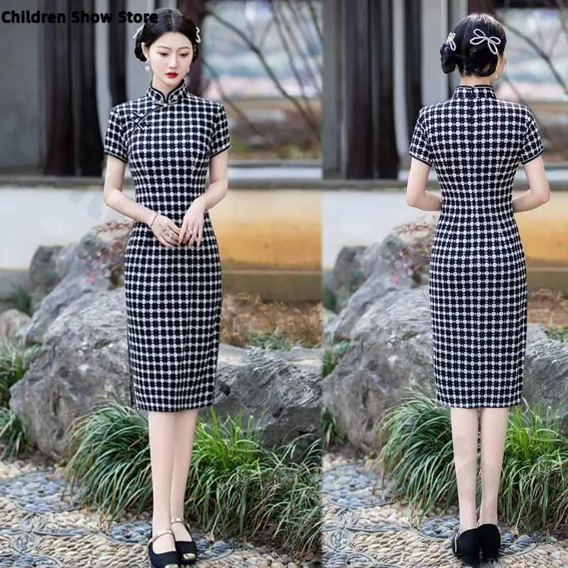 

Women Cotton Plaid Cheongsam Vintage Chinese Style Short Sleeve Qipao Mandarin Collar Improved Chinese Dress Classic Vestidos