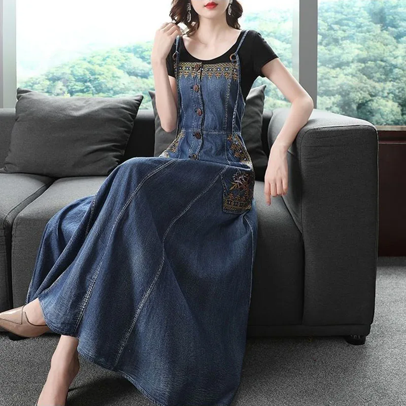 Denim Suspender Long Dress Women Spring Summer Retro Embroidered Sleeveless Jeans Dress Korean Overalls Spaghetti Strap Dresses