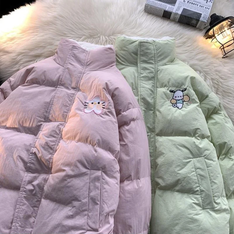 Sanrio Hello Kitty Clothes Y2k Harajuku Double Sided Jackets Autumn Winter Soft Plush Zipper Tops Women Cartoon Cute Cotton Coat