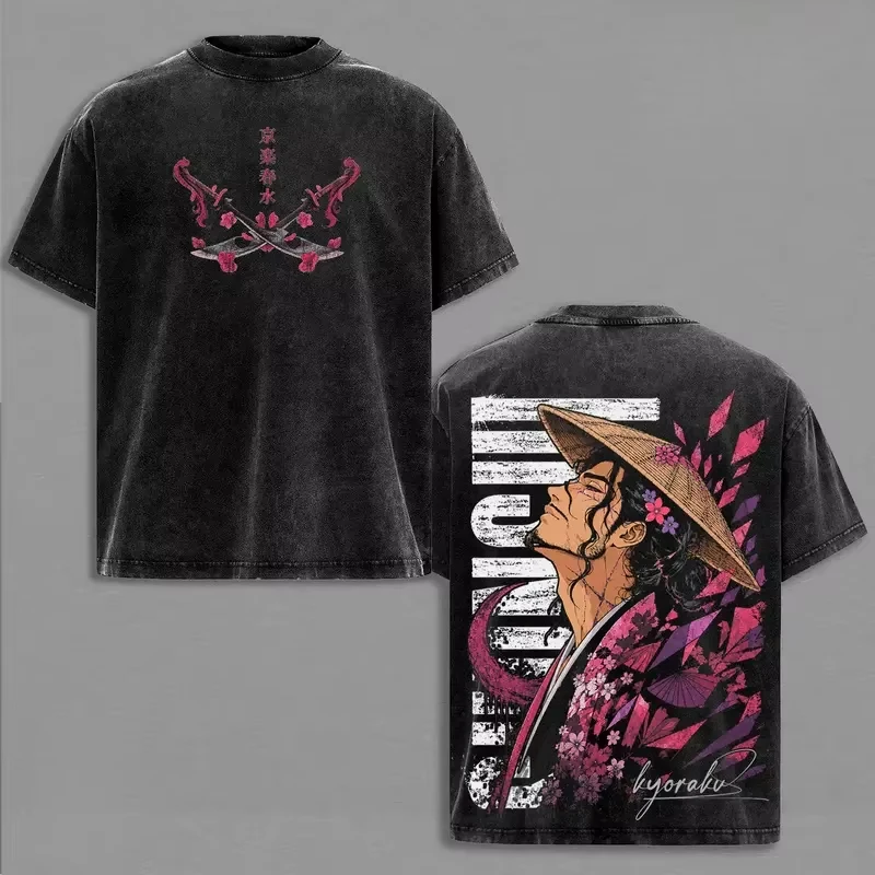 BLEACH Kyoraku Shunsui Cartoon Graphic Print T-Shirt Men Women Loose Casual Oversized Top Vintage Washed Cotton Summer New Tee