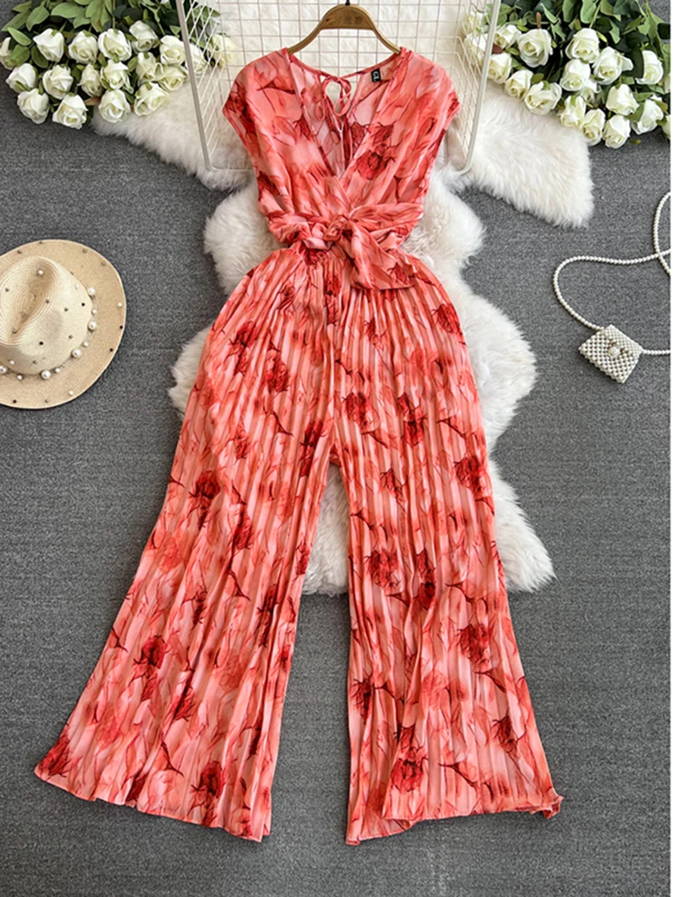 

Summer Women's Jumpsuit Leisure Vacation Style V-Neck Rainbow Tie Bow Jumpsuit New Waist Female Jumpsuits FC186