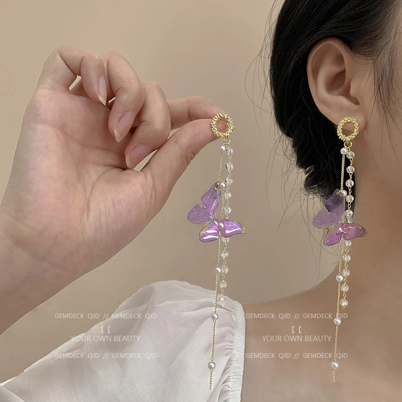 Sweet Blue Pink Butterfly Crystal Tassel Earrings for Women New Korean Fashion Delicate Long Drop Earrings Jewelry Party Gift