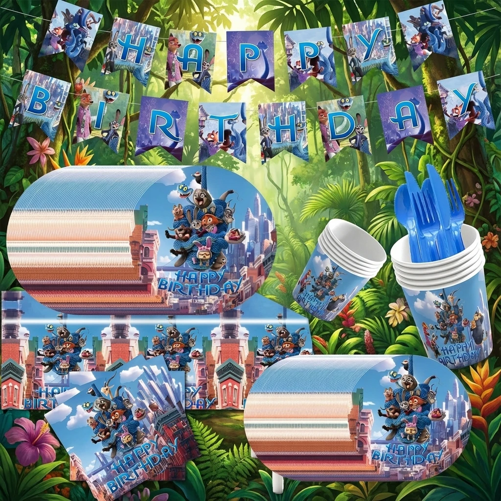 Zootopia 2 decoraciones para fiesta de cumpleaños, pancarta, platos de papel desechables, vasos, servilletas, mantel, tenedores, cucharas, juego de cuchillos para niños
